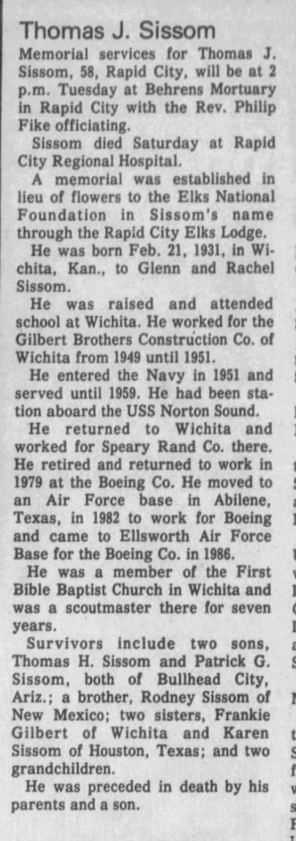 Thomas J Sissom obituary